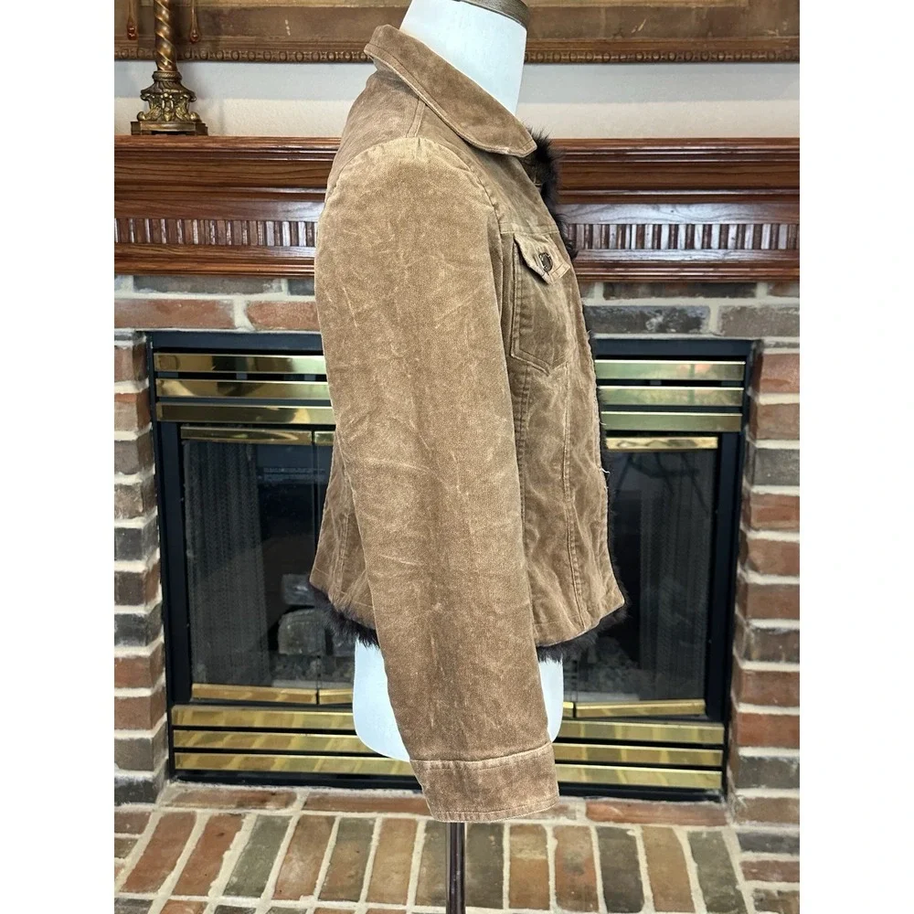 Vintage Y2K Brown‎ Corduroy Faux Fur Trim Jacket Girls Sz 12 Metal Buttons 2002